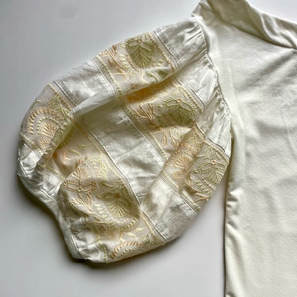 Free People Embroidered Knit Blouse Ivory.Off-Shoulder Top with puff Sleeves